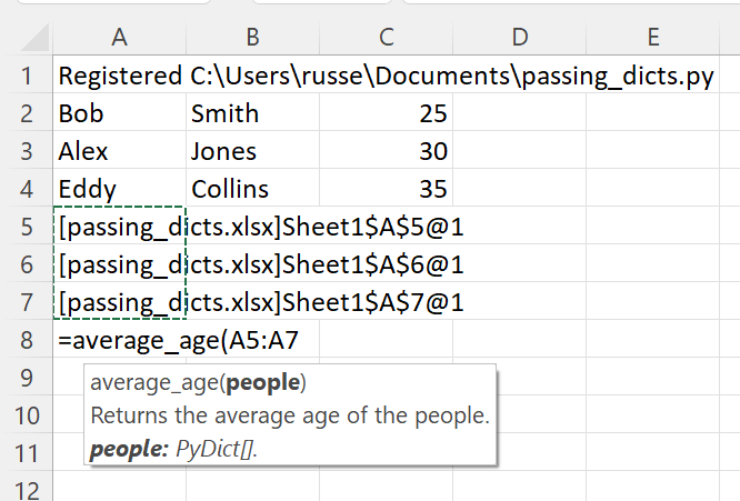 Function expecting three PyObjects in Excel