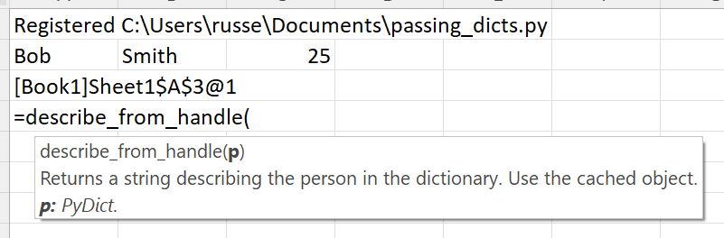 Call function expecting dictionary in Excel