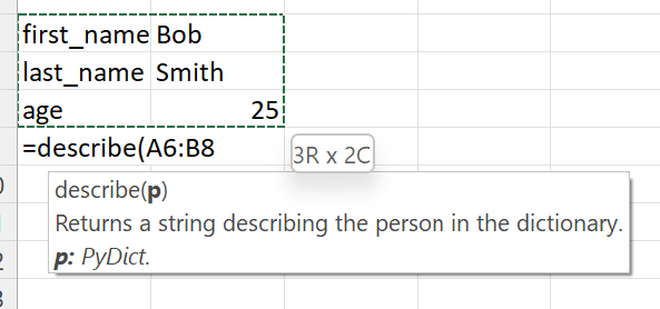 Call function expecting a dictionary passing an Excel range