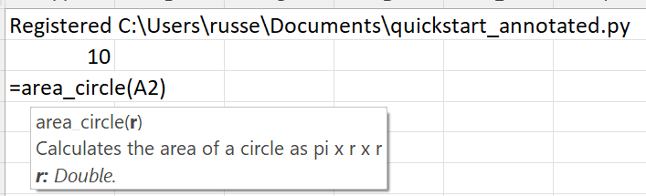 Quick start showing area_circle function in Excel with docs and hints