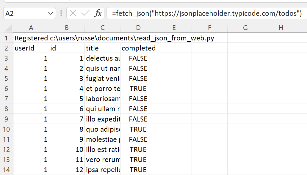 JSON data in Excel